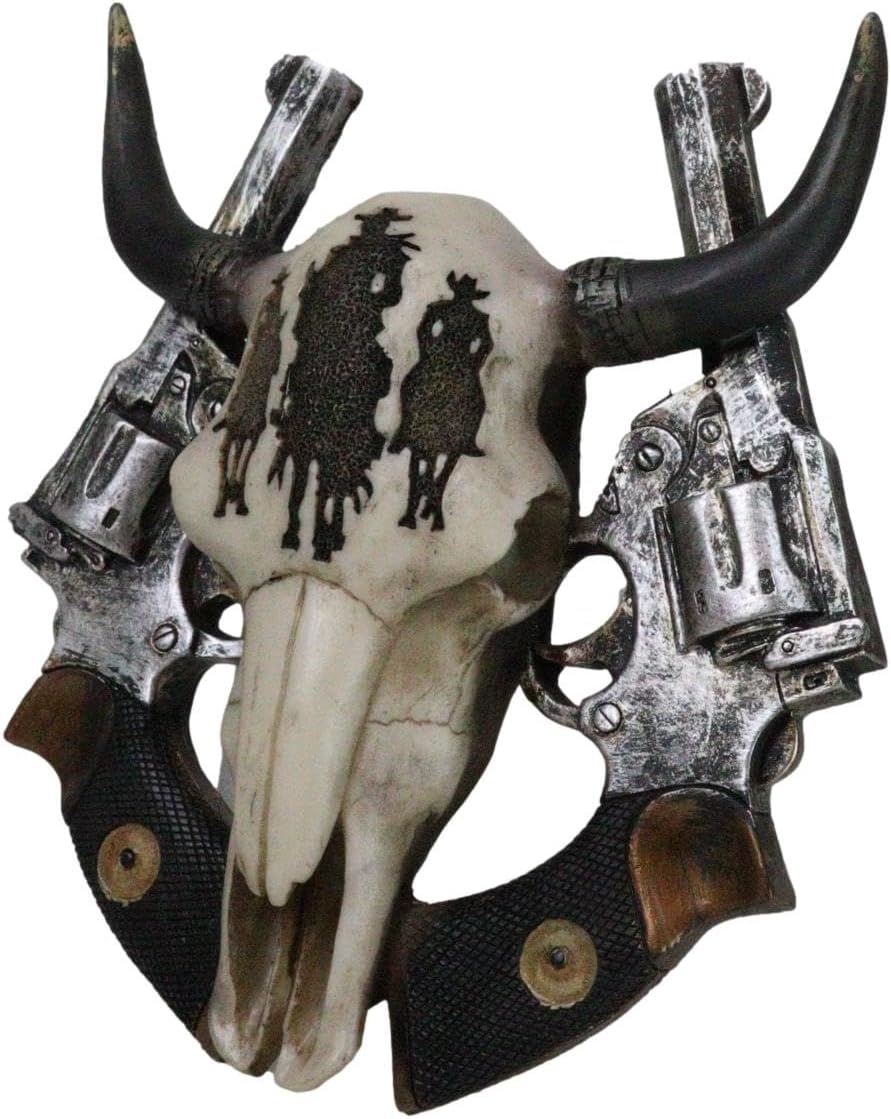 Ebros Gift Rustic Western 3 Cowboys On Horses Silhouette Cow Skull with Dual Revolver Pistols Wall Decor Plaque Figurine Old World Sculpture Accent