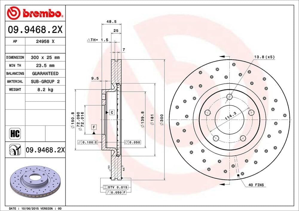 Brembo 09.9468.2X Xtra UV Coated vented drilled Front Brake Rotor MAZDA OE# C26Y3325XC