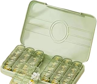 Weekly Pill Organizer 4 Times A Day, Large Capacity Pill Case with 28 Cells, Push Button 7 Day Pill Box for Vitamin/Cod Liver Oil/Supplements (Cream Green,28 Cells)
