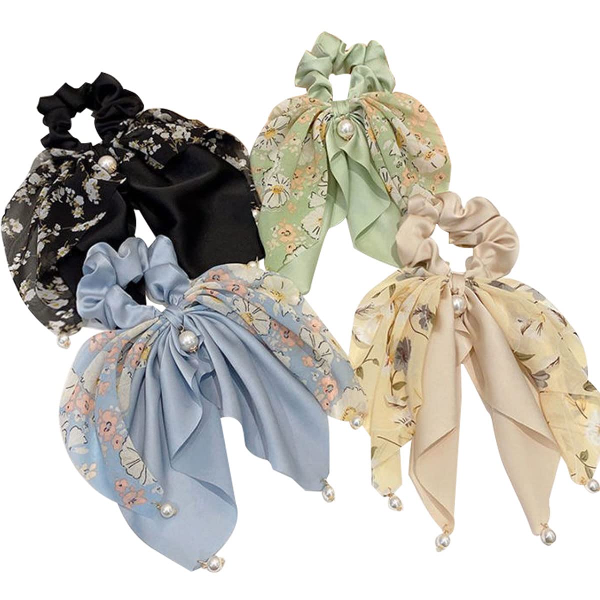 Likeggoad 4 Count Hair Scrunchies, Silk Pearl Floral Bow Hair Ties Chiffon Floral Scrunchie Hair Bands Ponytail Holder Scrunchy Ties for Women/Girls(