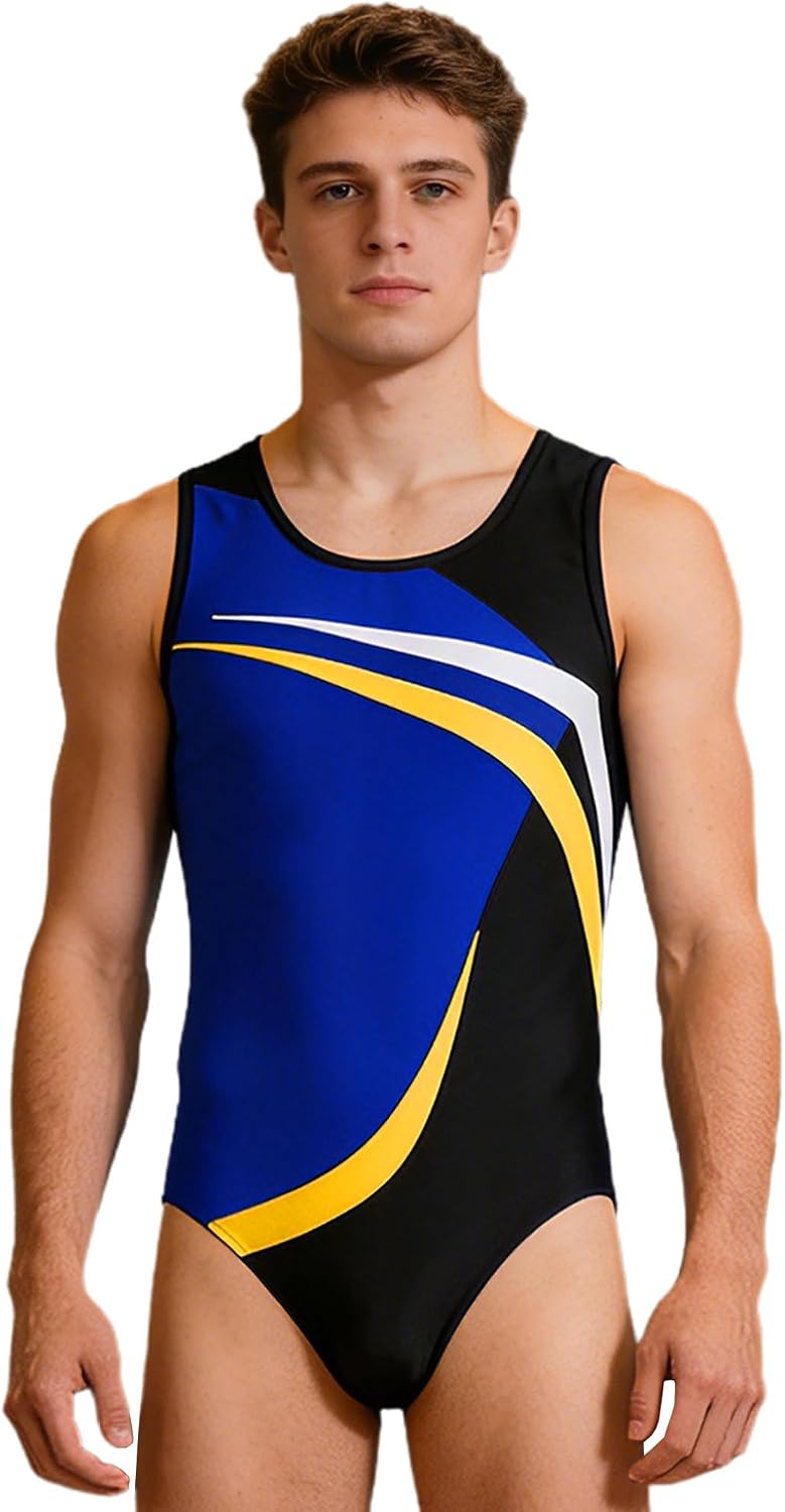 Mufeng Mens Sleeveless Gymnastics Dance Leotard Contrast Color Sparkle Dance Costume Yoga Bodysuit
