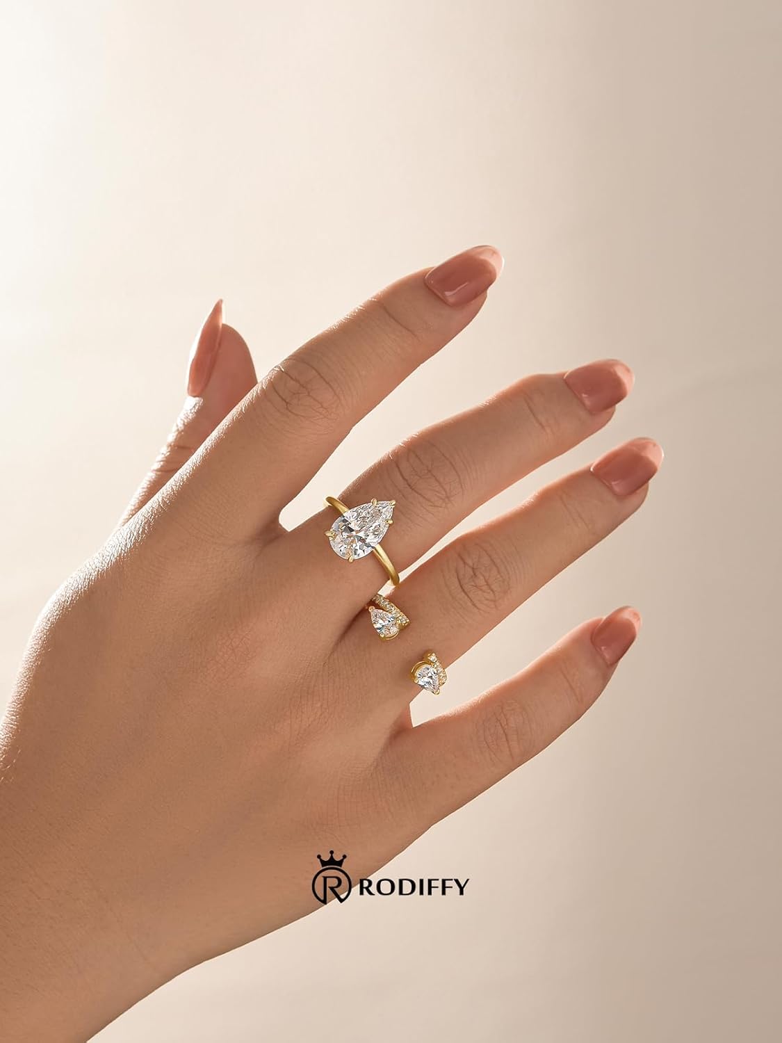 4 Carat Pear Shaped Engagement Ring Set for Women, Tear Drop 5A Cubic Zirconia Wedding Ring Set with Insert Design, 14K Gold Plated S925 Silver Elegant CZ Bridal Jewelry - Image 5