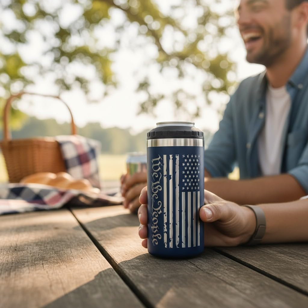 Patriotic 4-in-1 Insulated Can Cooler – American Flag Stainless Steel Tumbler Fits 12 oz Standard & Slim Cans, Bottles, or Use as Cup – Double-Wall, Sweat-Free (4-In-1 We The People) image 5