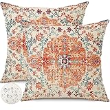 Gujiahone Outdoor Waterproof Pillow Covers 18X18 Inch Set of 2 - Bohemian Vintage Carpet Pattern Orange Blue Ethnic Design Decorative Farmhouse for Couch Garden Balcony