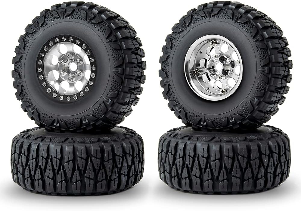 RCLIONS 1.9inch Beadlock Wheels and Tires with Foam Insert for 1/10 RC Car Axial SCX10,TRX4,D90 (Black+Silver)