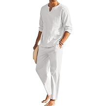SANSIWU Men's 2 Piece Cotton Linen Set Casual Solid Long Sleeve Henley Shirt and Loose Pants with Drawstring Summer Beach Outfits