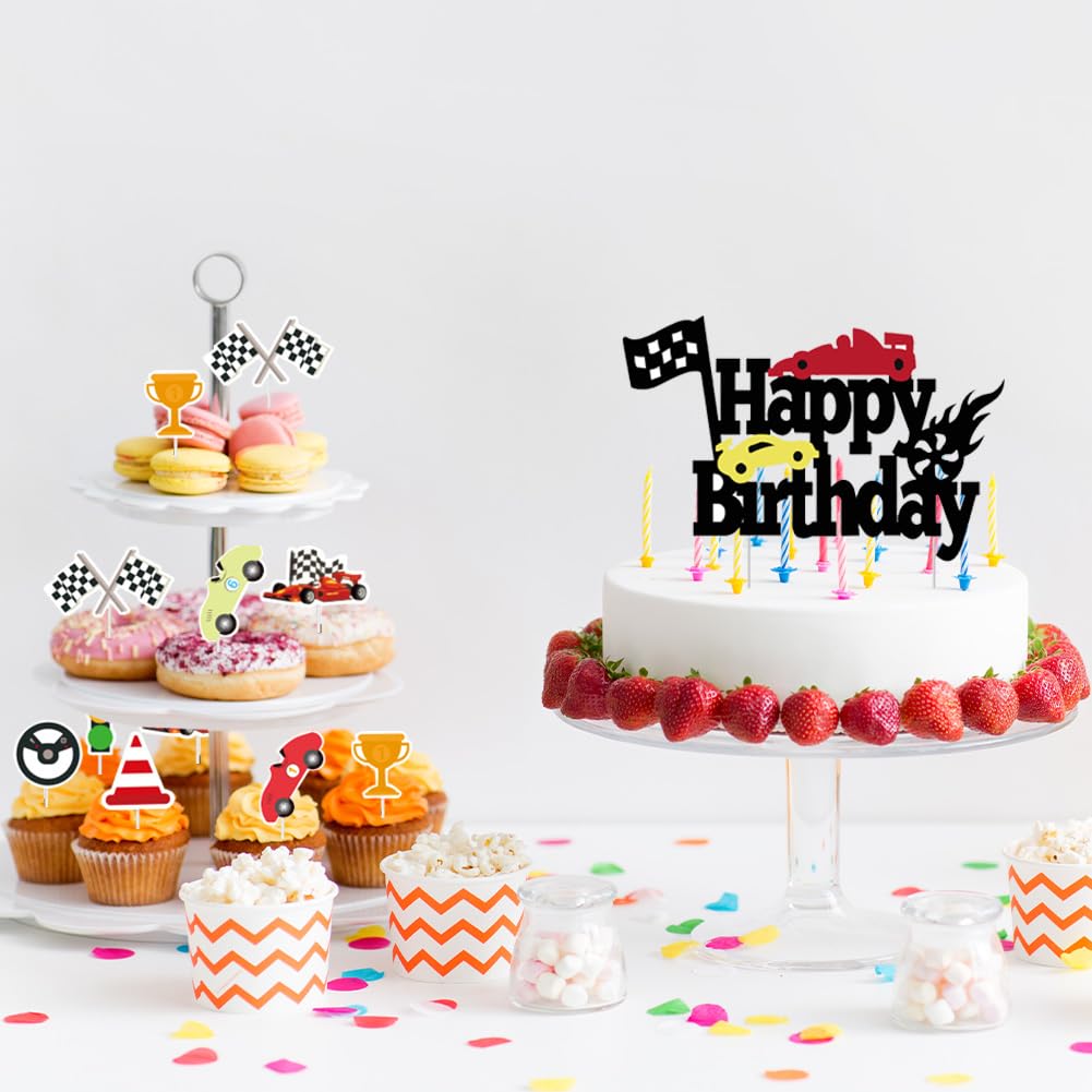 Rennwagen Geburtstagsdeko-Set, 23-teilig – Mit Ballons, Cupcake-Toppern, Tischdecke & Flagge