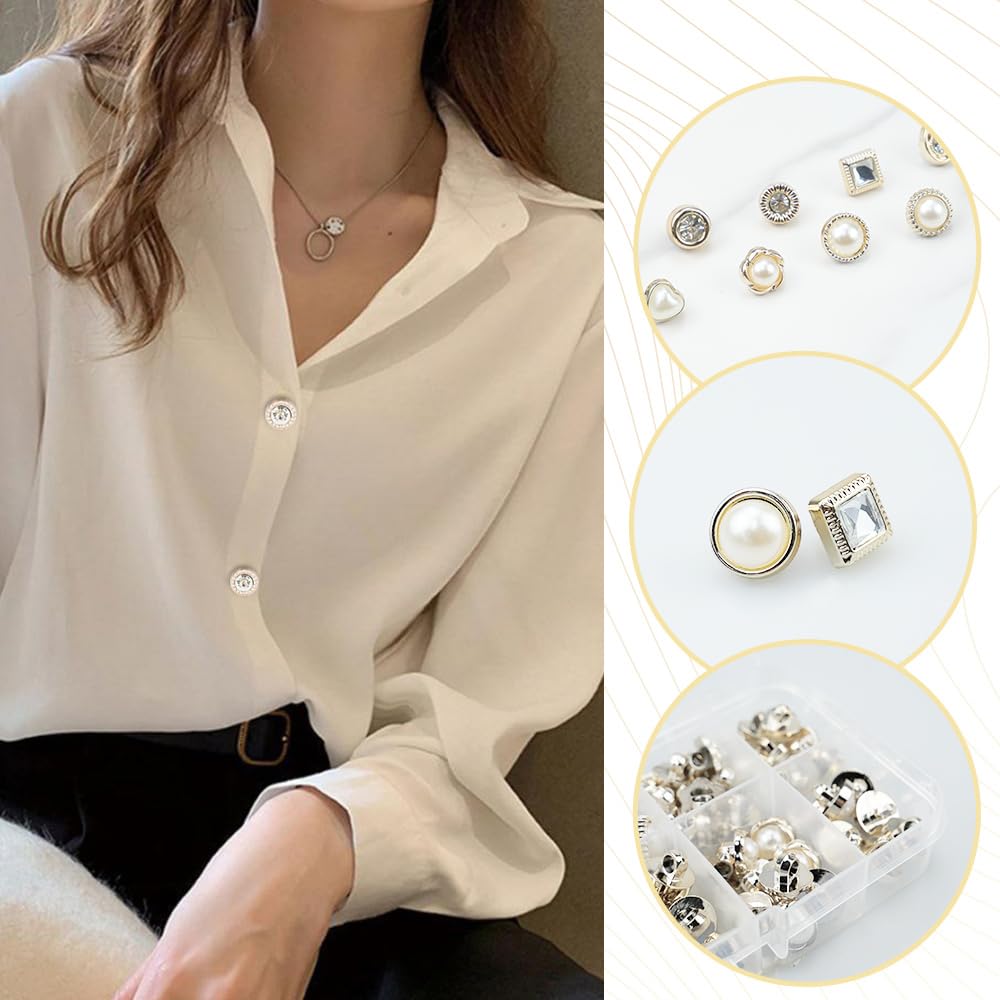 10-50 pezzi Spilla per camicia da donna Bottoni per coprire Bottoni Spille per cucire Bottoni con strass di perle per fai da te Camicia Cappello Abbigliamento Decorazione-Diamante-3 set 30 pezzi
