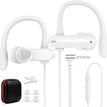 Wired Over Ear Earbuds with Microphone Ear Hook,3.5mm Sport Headphones Wrap Around Ear Buds Wired for iPad/iPod/Cellphones,3.5mm Plug in Headsets for Samsung A15 A14/ Switch/MP3/MP4 Running Gym,White