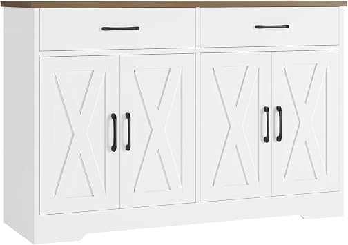 HOSTACK 47" W Kitchen Sideboard Buffet Cabinet with Storage Drawers, White | Farmhouse Kitchen Storage Cabinet with Doors and Shelves, Coffee Bar Cabinet, Buffet Table for Living Dining Room