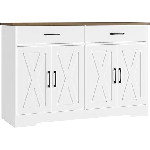 HOSTACK Buffet Cabinet with Storage, 47.2" Kitchen Sideboard Buffet with Drawers, Modern Farmhouse Coffee Bar Station with Shelves, Barn Doors Storage Cabinet for Living Room, White/Rustic Brown
