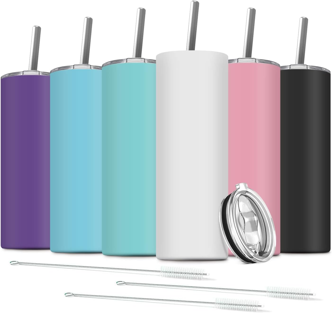 6 Pack Stainless Steel Skinny Tumbler, 20 OZ Double-Insulated Water Tumbler Cup with 6 Straw and 3 Brush, Vacuum Travel Mug Gift for Hot Cold Drinks with Cleaning(Assorted Colors)