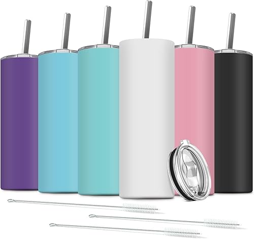 Paquete de 6 vasos delgados de acero inoxidable, vaso de agua de doble aislamiento de 20 onzas con 6 popotes y 3 cepillos, taza de viaje al vacío,