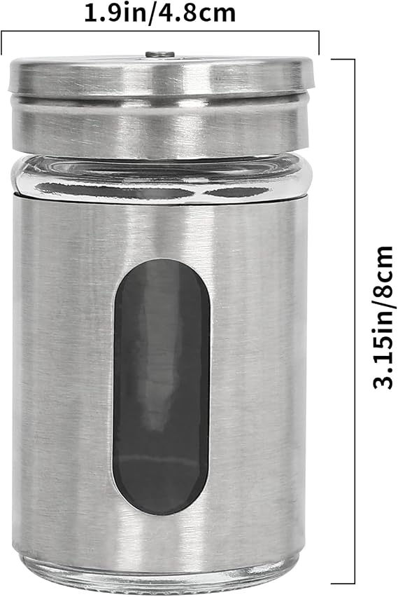 12-Piece Spice Jars Spice Shaker Stainless Steel Glass Seasoning Jars, 3 Adjustable Holes (2mm/4mm/5mm) Visual Window, for Salt Pepper, Kitchen Camping BBQ Storage, Silver