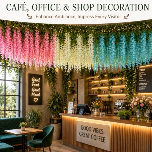 Image of Tia Crafts Polyester Artificial Hanging Flowers For Ceiling Balcony | Wisteria Vine | Home Party Decor Garden Outdoor Greenery Office Wall Decoration | Waterproof Washable- 3.7Ft /45 Inch (Mixed, 6)