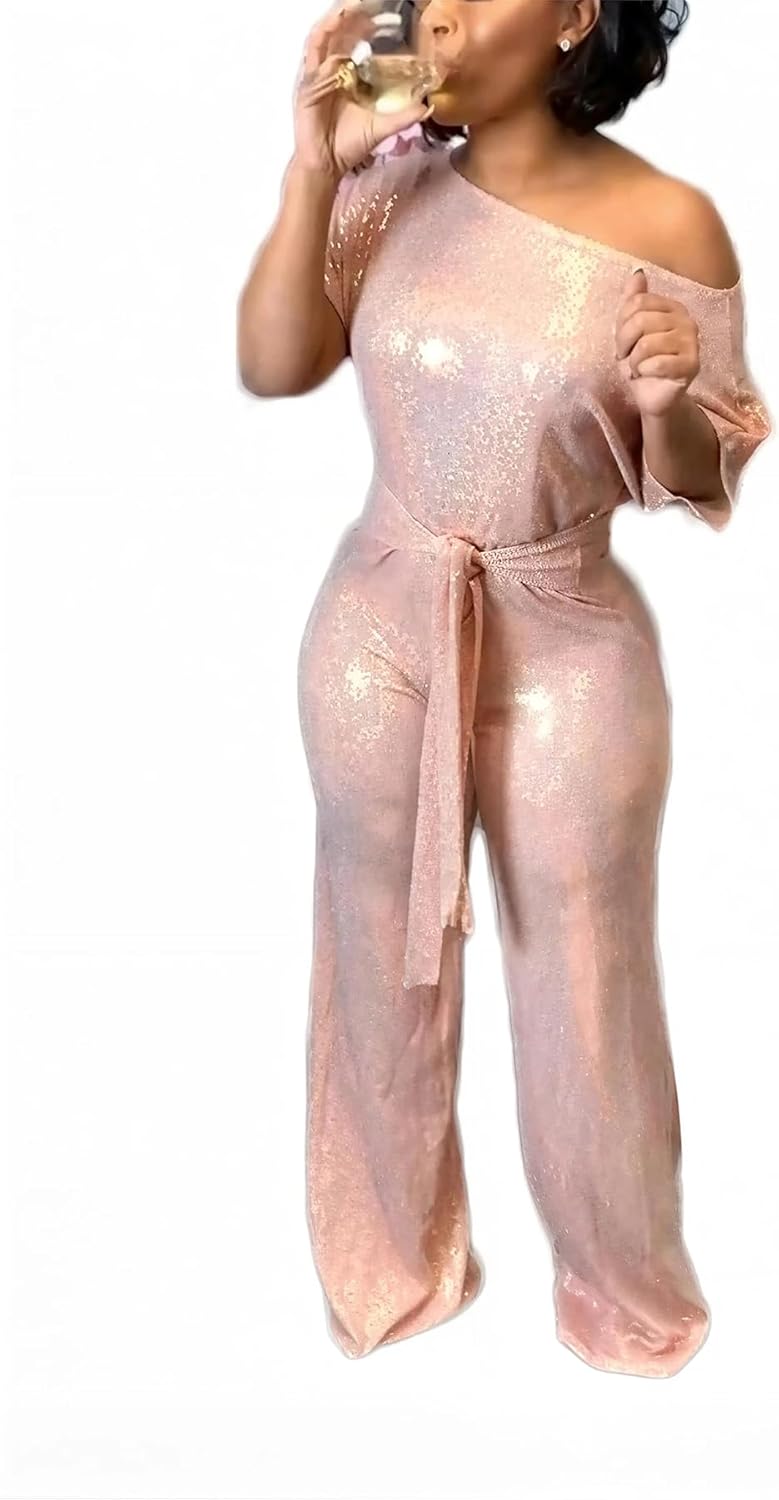 LKOUS Women's Off Shoulder Sequin Jumpsuit Sparkly Short Sleeve High Waisted Wide Leg Romper Beach Vacation Outfits