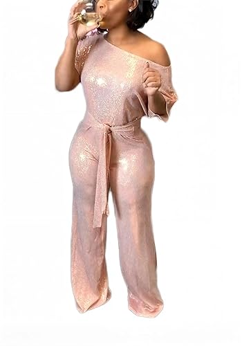 Women's Off Shoulder Sequin Jumpsuit Tummy Control Wide Leg Formal