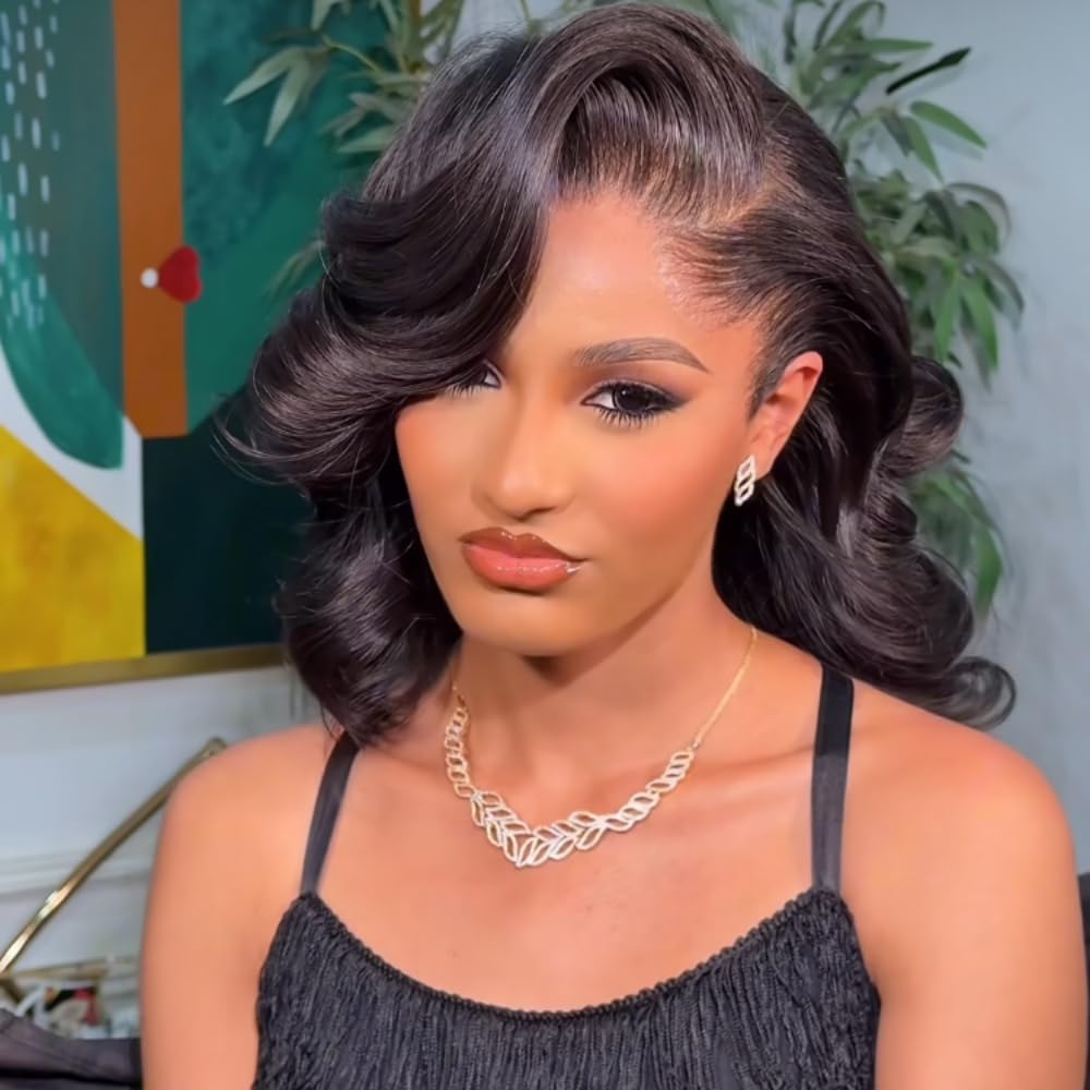13x4 lace Short Bob Body Loose Wave Nature Black Color Nature Hairline Pre Plucked Hairline Wigs HD Transparent Lace Front Wig 150% Density Glueless Wig 100% Human Hair Brazilian remy hair For Women
