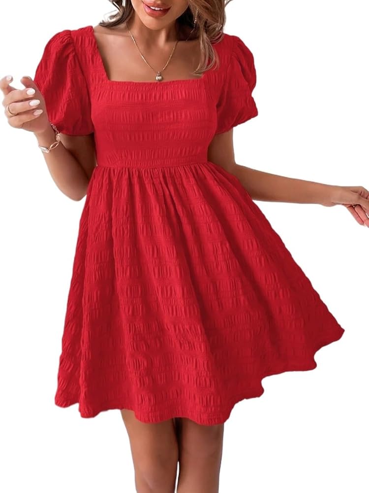 NYYKPSA Square Neck Puff Sleeve A-line Dress Women's Club Summer Short  Dress Red at Amazon Women's Clothing store