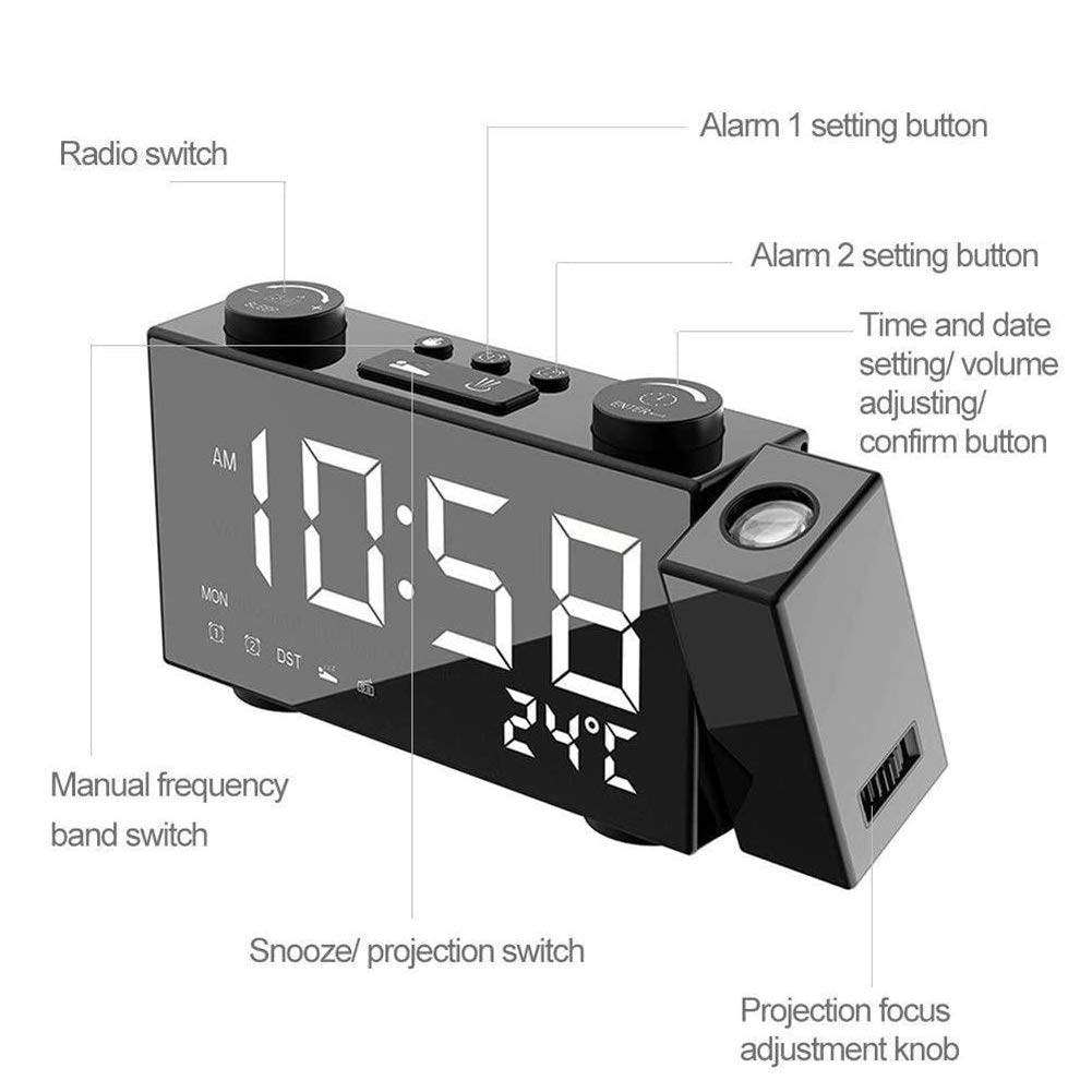 ERNZI Sufitowy zegar ścienny projekcyjny Projektor cyfrowy Radio Budzik Zegar radiowy FM Szeroki ekran LED Cyfrowe biurko/półka Zegar Ładowanie USB,White