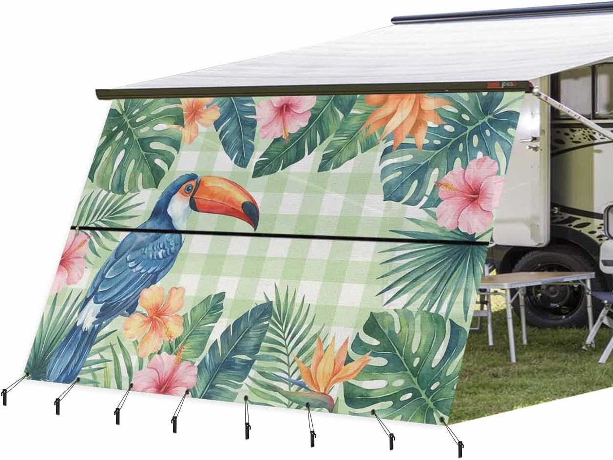 Summer Tropical Leaf RV Awning Sun Shade Screen with Zipper 9'x13.5' Country Forest Green Leaves Pink Flower Green Plaid Mesh Sunshade UV Blocker Awning Shade Complete Kits for Motorhome Camper Canopy