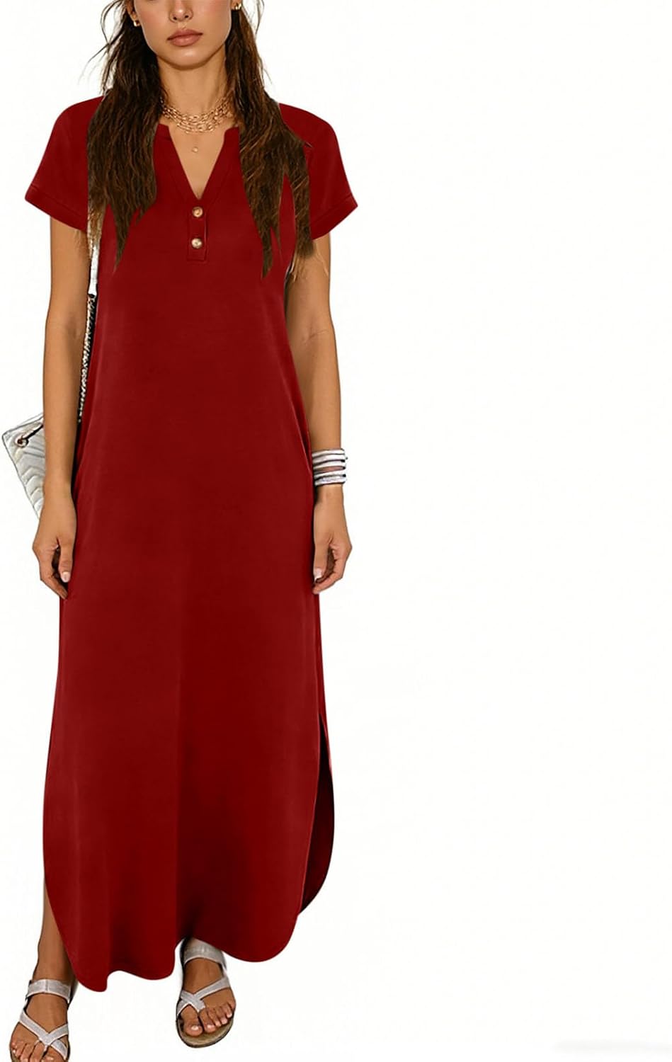 Womens Summer Casual Maxi Dress Short Sleeve V Neck Split Travel Sundress Button Loose Fit Beach Vacation Clothes
