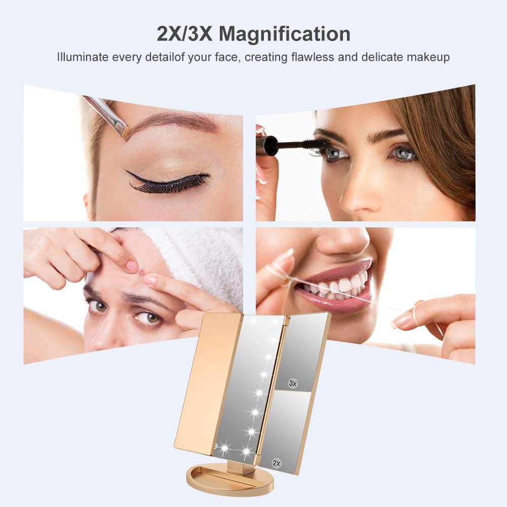 WEILY Makeup Mirror with 21 LED Lights,Two Power Supply, Touch Screen and 1x/2x/3x Magnification Tri-Fold Vanity Mirror, Gift for Women(Gold)