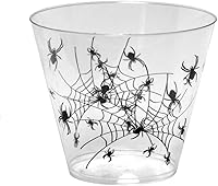 Vista 4 de Party Essentials 20 vasos de plástico duro de 2 onzas con estampado de araña, para Halloween, transparente/negro