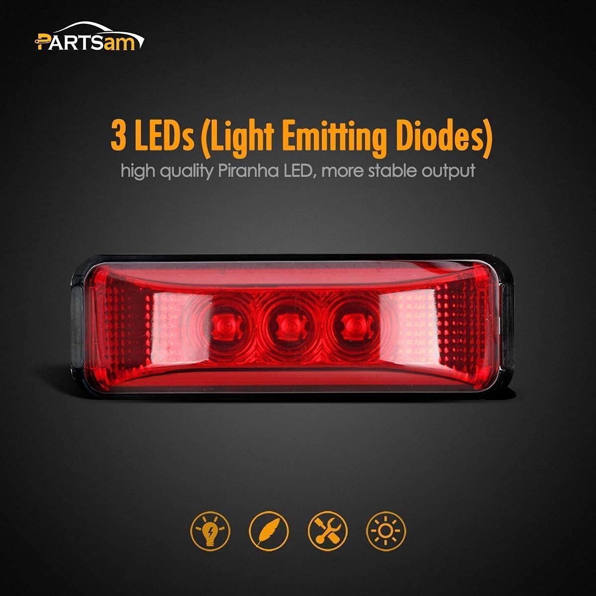 Partsam 12Pcs 3.9" Inch Thin LED Trailer Side Marker and Front Rear Clearance Lights 3 Diodes Sealed with Reflectors (10Red + 2Amber)