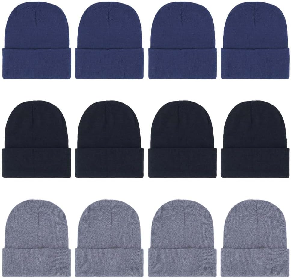 ZH 12-Pack Knitted Winter Beanie Hats for Men and Women, Warm and Cozy Cuffed Skull Caps, Bulk Purchase