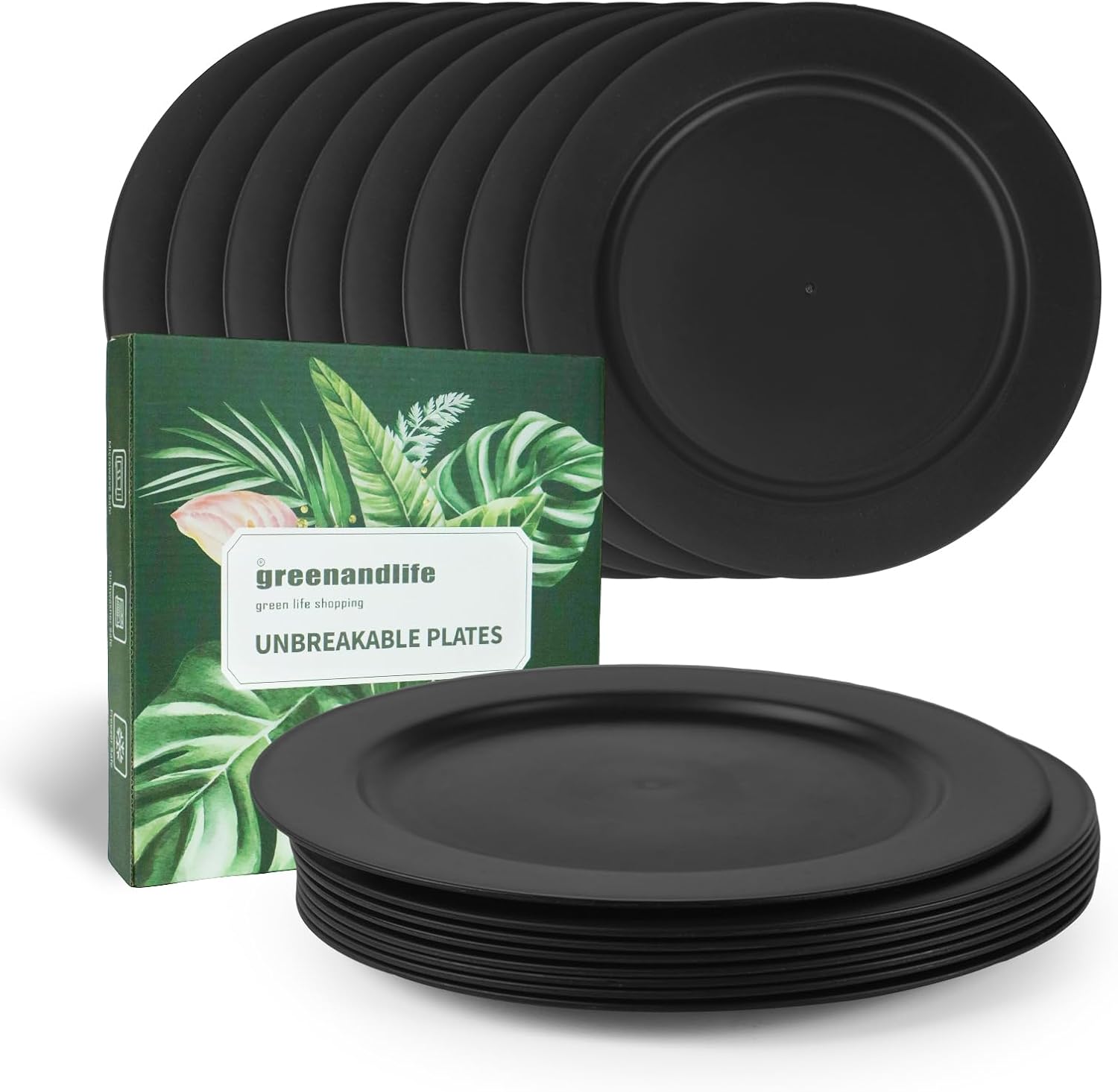 8 x 25 cm Plate Set Unbreakable Dinner Plates Reusable Plates Lightweight Plastic Plates Camping Dinner Plates Microwave and Dishwasher Safe Black