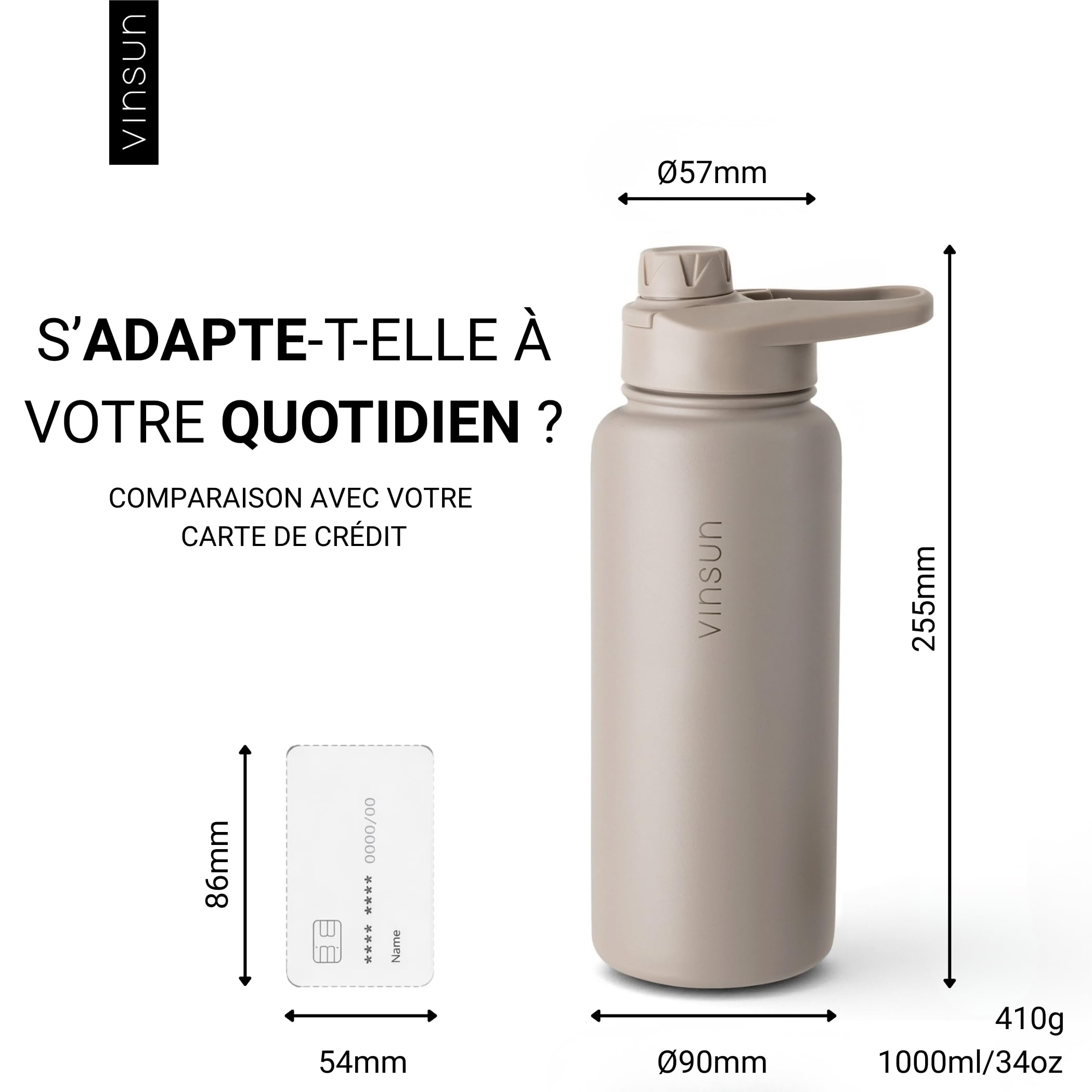 Vinsun Gourde Isotherme 1l - Anti-fuite, sans BPA, Reutilisable - Gourde Inox avec Paille et Ouverture pour Boire - Bouteille Isotherme Sport, École