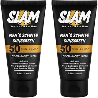 SLAM GentleMan Men's Sunscreen Lotion SPF 50 & Moisturizer – Face & Body Sunblock, Anti-Aging, Water-Resistant, Hawaii Act 104 Safe, Skincare for Men, Cologne Scented – 3 fl oz. each. Double pack.