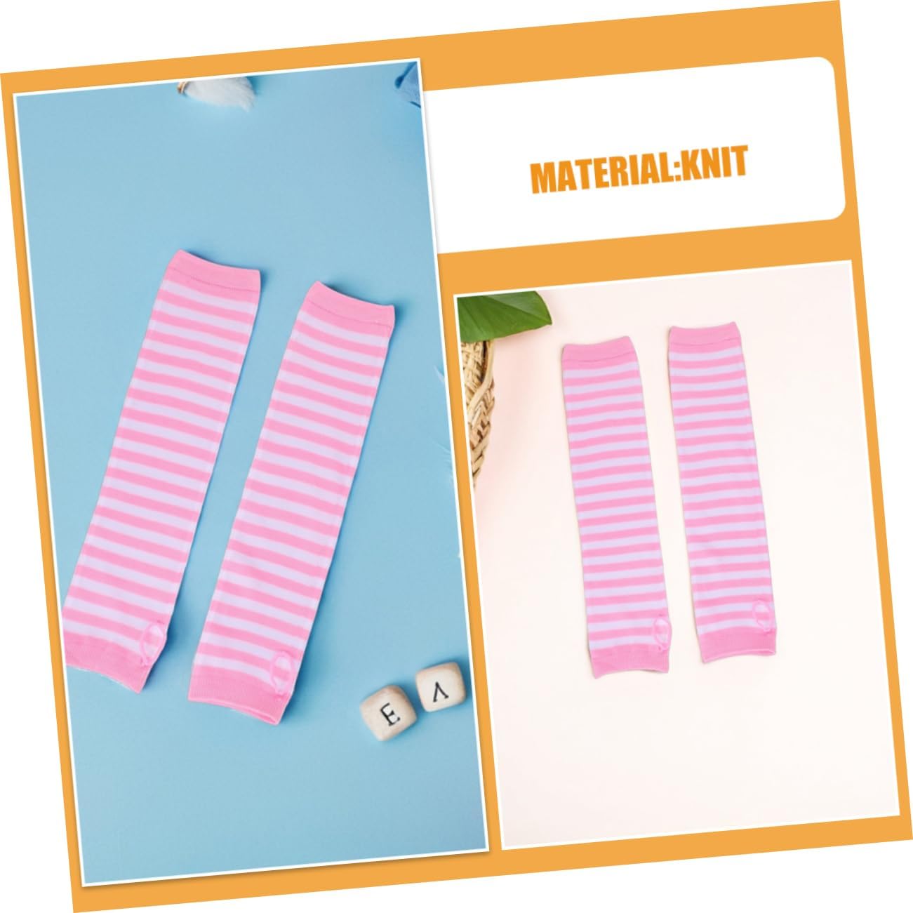 2 Pair Long Knit Arm Sleeves Women's Striped Fingerless Gloves Warm Wrist Arm Warmers Thumbhole for Cold Weather