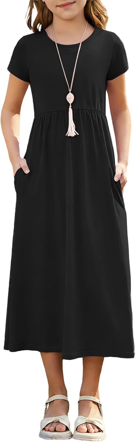 Girl's Summer Short Sleeve Loose Dress Casual Crewneck Empire Waist Long Maxi Dresses for Kids with Pockets 5-14 Years
