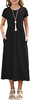 Girls Crewneck Short Sleeve Long Maxi Dress with Pockets 2026 | Casual loose silhouette, elastic empire waist, two practical side pockets. Comfy fabric, ideal summer dress for girls