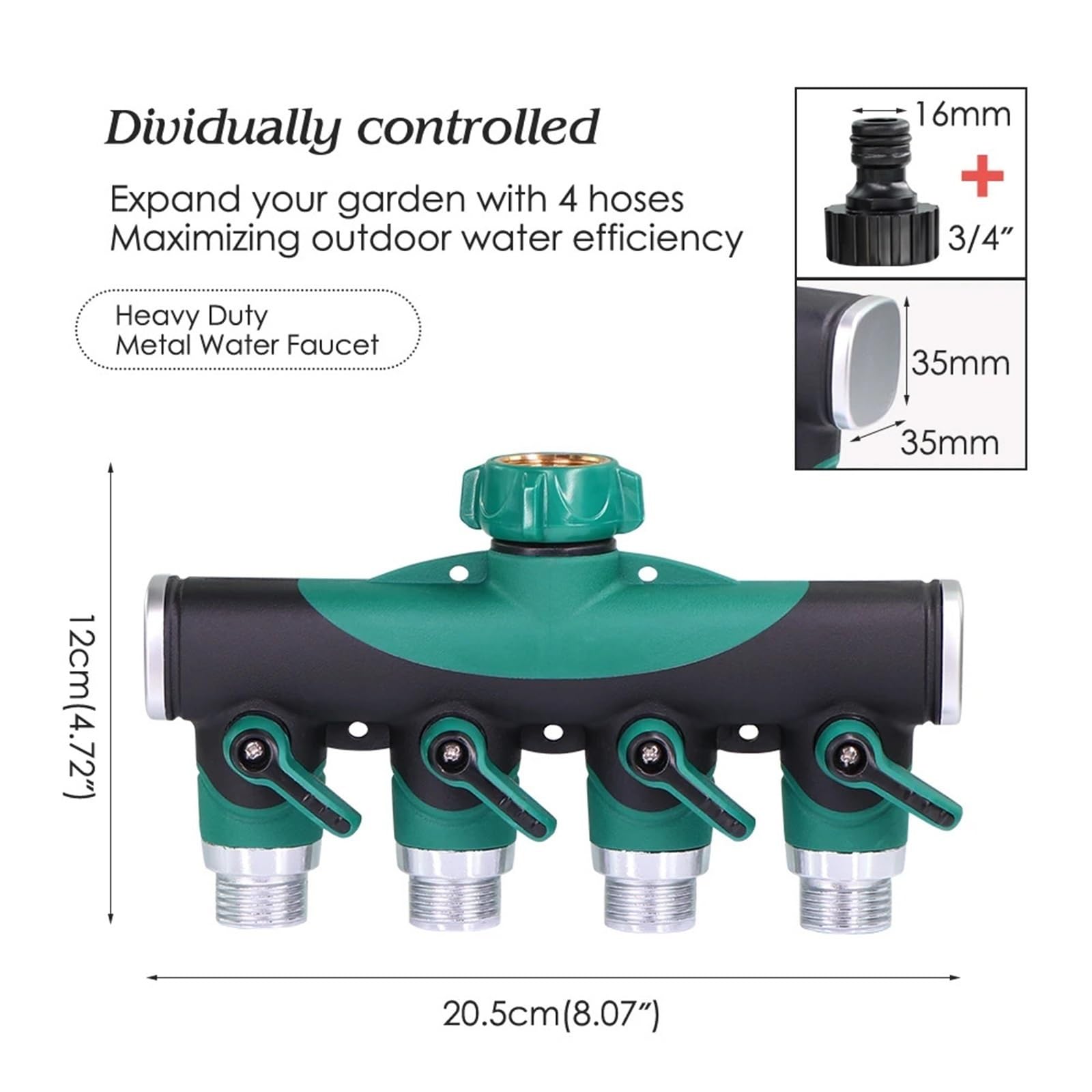 Divisores de Grifo Rosca 4 vías y 3/4 Pulgadas Metal Resistente con válvulas Cierre for Adaptador Manguera jardín Conectores Agua para JardíN(Green-BSP)