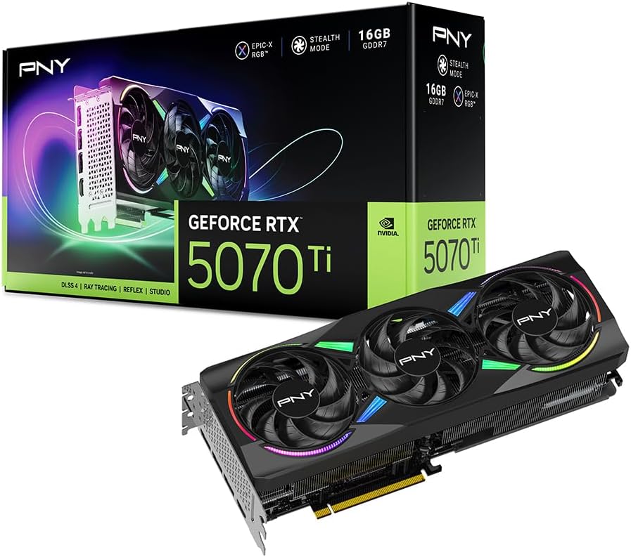 PNY NVIDIA GeForce RTX™ 5070 Ti Epic-X™ ARGB Triple Fan, Graphics Card (16GB GDDR7, 256-bit, Boost Speed: 2452 MHz, PCIe® 5.0, HDMI®/DP 2.1, 2.98-Slot, NVIDIA Blackwell Architecture, DLSS 4)