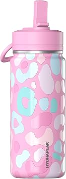 Hydrapeak Mini 20oz Fun Sticker Print Water Bottle with Straw Lid, Stainless Steel Double Wall Insulated Water Bottle, Leak-Proof and Spill-Proof Water Bottle, Pastel Leopard Bubblegum