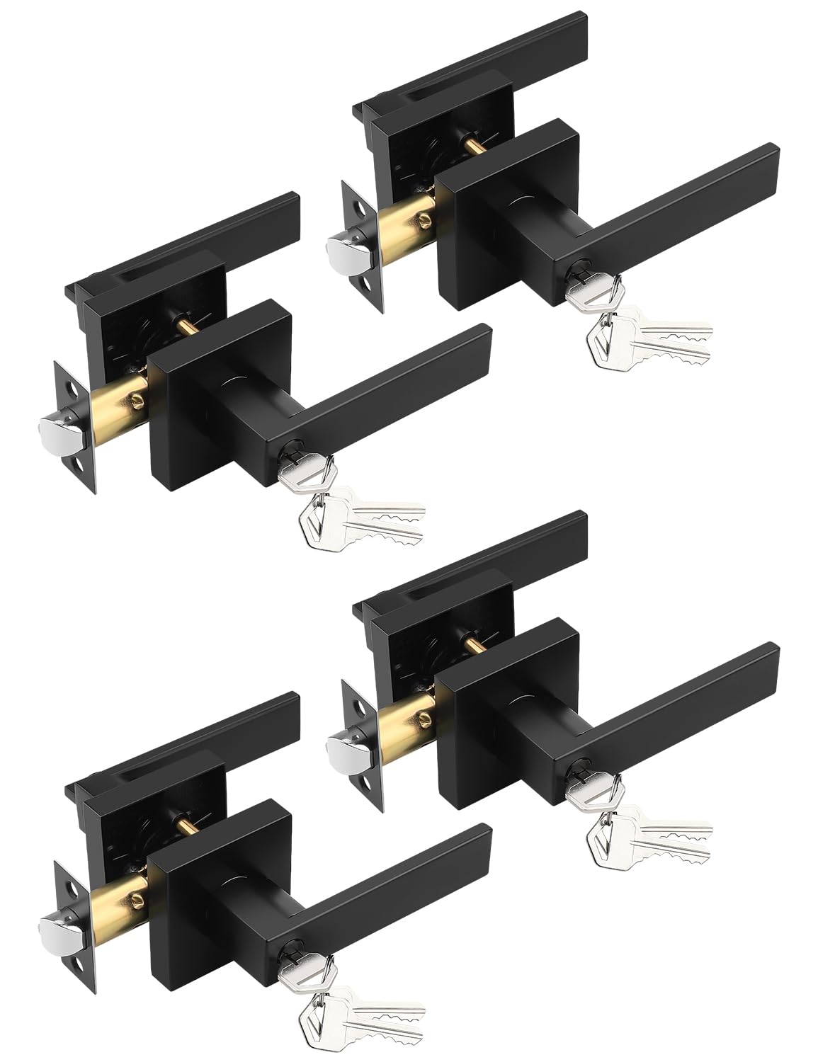 Tinewa 4 Pack Entry Door Levers with Lock and Key, Matte Black Keyed Alike Lockset Combo Pack, Entrance Door Handles for Office and Front Door, Door Knobs Lockset (Each with 3 Keys)