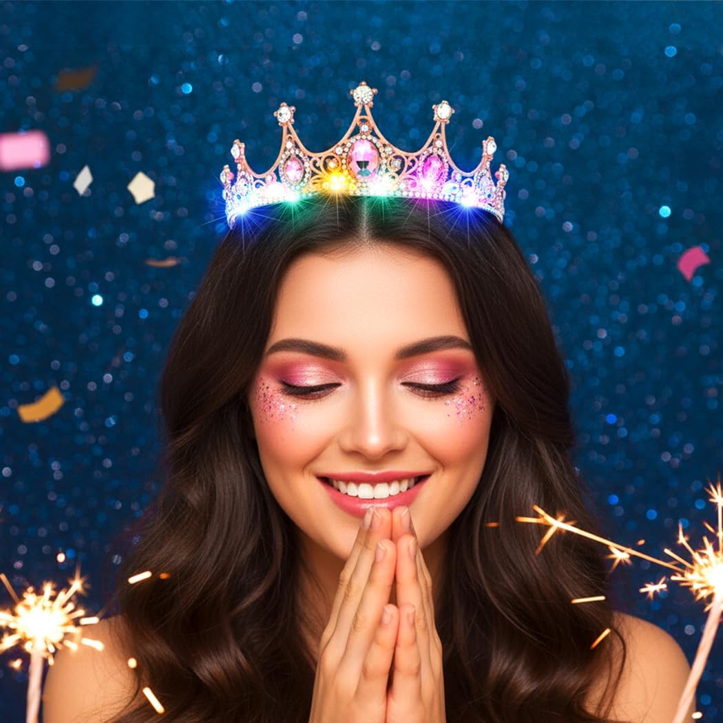 Urieo Light up Crown LED Rhinestone Tiara Birthday Hair Accessories for Women - Image 4