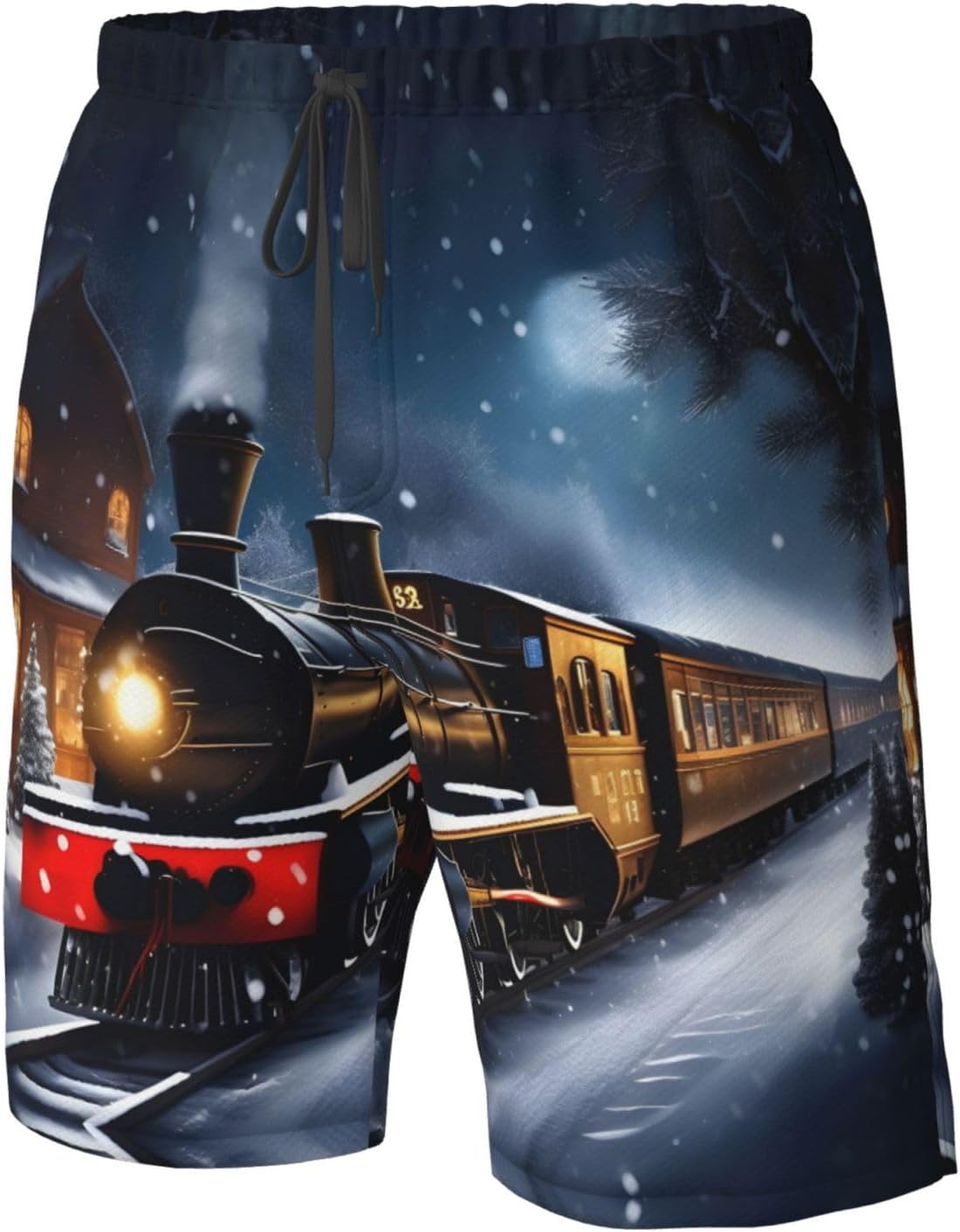 Winter Christmas Snow Night Railway Train Print Men's Quick-Drying Shorts Casual Beach Pants Stretch Waist Shorts and Pockets