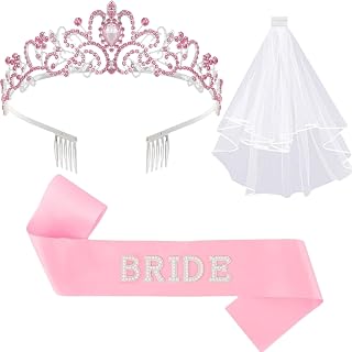 Teiyamsy 3 Pcs Bride to Be Crown, Sash & Shoulder-Length Veil with Comb for Bachelorette Party, Bridal Shower, Wedding Gifts & Favors (Pink)