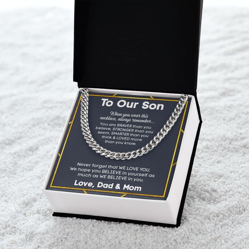 To My Son Cuban Link Chain Necklace from Mom or Dad, Stainless Steel Pendant Jewelry, Son Necklace with Message Card and Box Meaning on Birthday Christmas Gift - Image 3