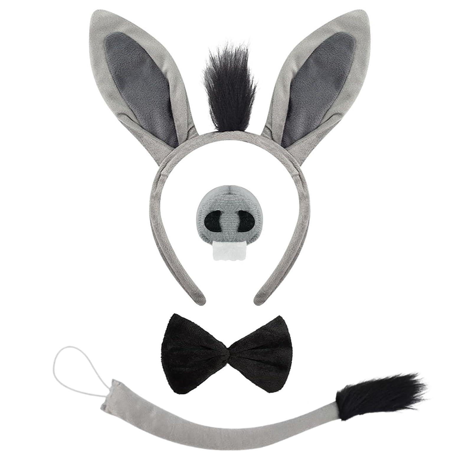 AMWYODK Donkey Costume Set, 4pcs shrek ears Headband, Nose, Tail, Bowtie, Animal Cosplay for Halloween Accessories。 (4PCS)