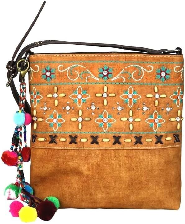 Montana West Women's Western Style Floral Embroidery Brown Hobo Crossbody Handbag - 10.5 x 10.5 x 2.5 inches