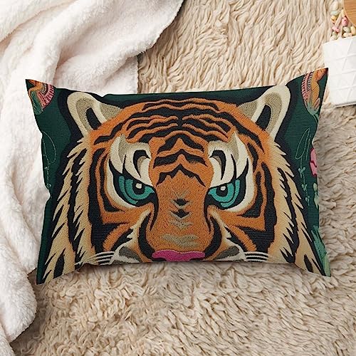 ArogGeld Animal Tiger Hand Floral Lumbar Pillow Covers Colorful Flower Animal Print Tiger Decorative Sofa Cushion Cover Chinoiserie Farmhouse Pillow Cases for Sofa 16x24in White Flax