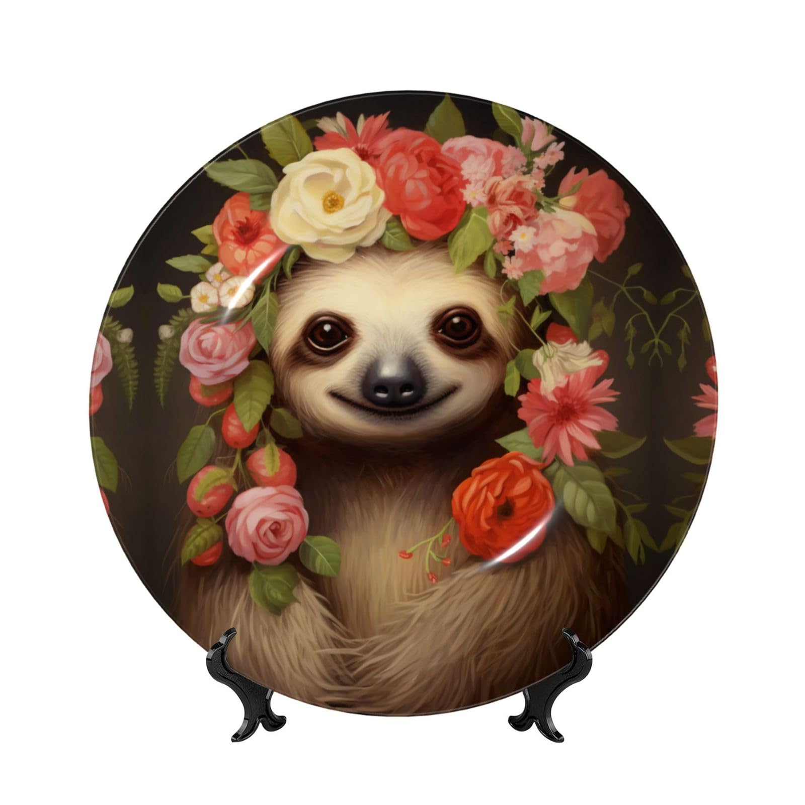 SXZVVBN Sloths wearing flowers Bone China Decorative Plate Art with Stand Removable Adhesive Hanging for Home Office 7in