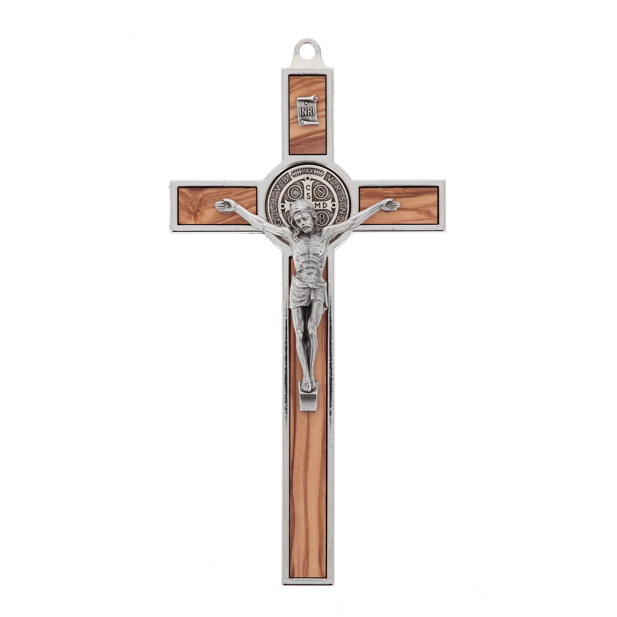 SHALOM - Crocifisso San Benedetto in Legno D'ulivo E Metallo. Altezza 20 Cm