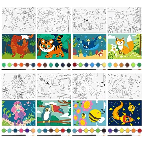goldentime 8 Packs Predrawn Canvas for Painting Kids Painting Canvas for Kids Painting Kits for Kids 4-8, 48 Paints, 8 Brushes 2 Easels, 8 6x8 Printed Canvas to Paint for Girls Boys and Beginners - Image 3